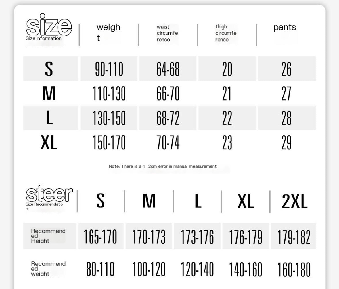 Size chart for underwear with measurements for weight, waist, thigh, and pants size.