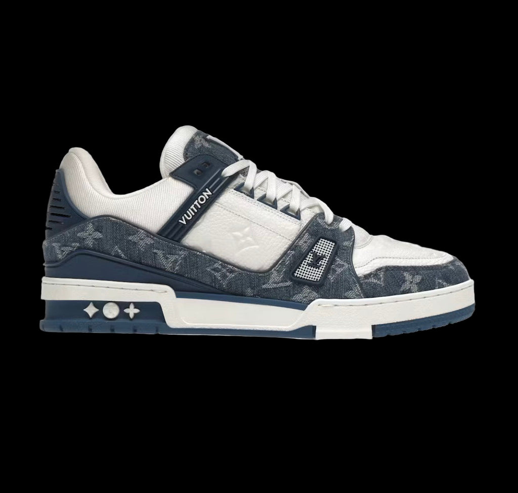 White and blue Louis Vuitton LV Trainer sneakers with monogram denim detailing.