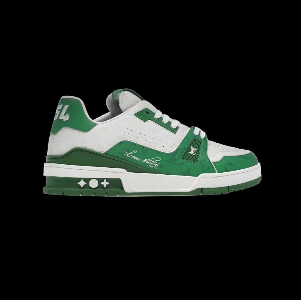 Louis Vuitton Trainer in green monogram denim and white.