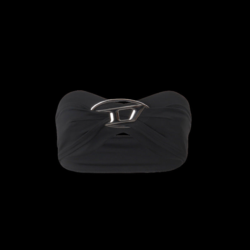 Black strapless top featuring a bold Diesel logo across the front.