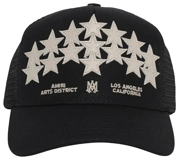 Amiri leather hat with star detail and structured design in black color.