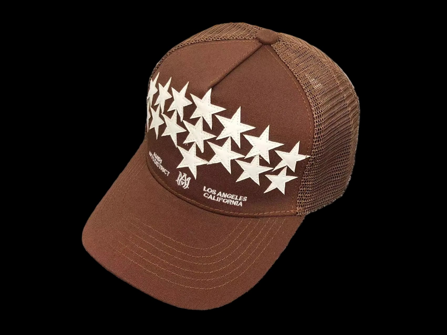 A black leather hat with a star design and a structured silhouette.