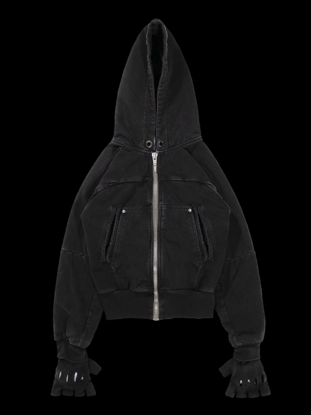 Hooded short jacket with fingerless gloves, zipper front, and lightweight, washable fabric.