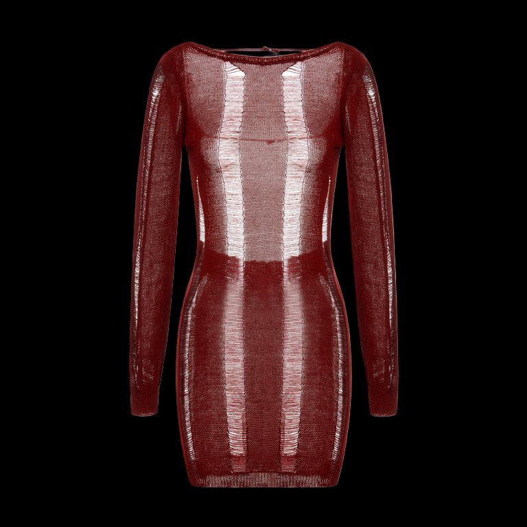 Black mini dress with a shredded design and open back detail.