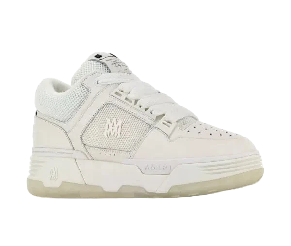 Amiri MA-1 white leather sneakers with mesh panels and a translucent sole.