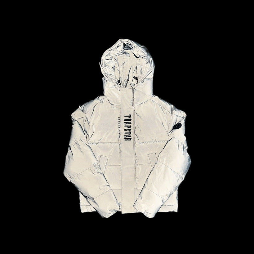 Hooded puffer jacket with padded design, water-resistant shell, and iconic Trapstar logo.