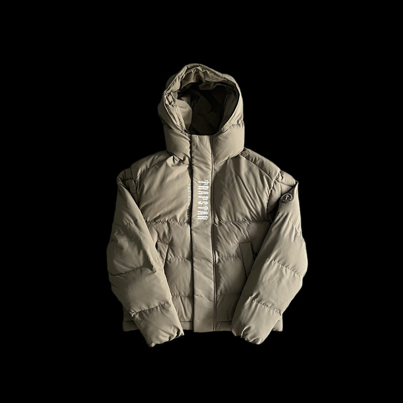 Hooded puffer jacket with padded design, water-resistant shell, and iconic Trapstar logo.