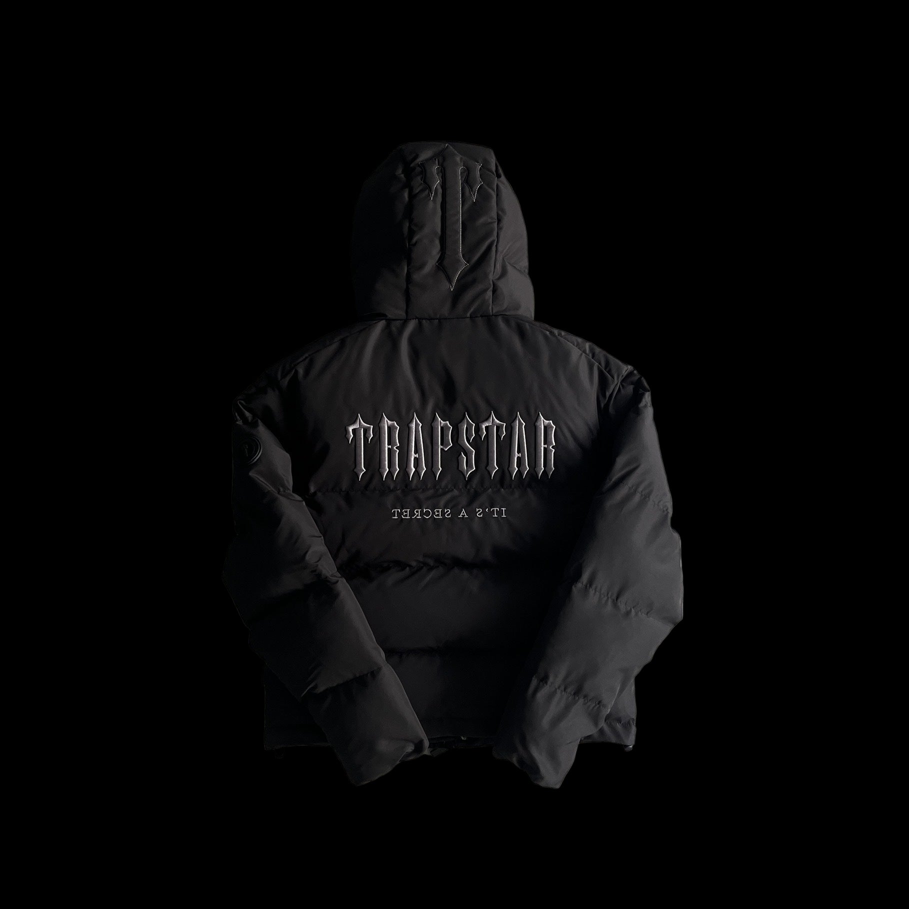 Black Trapstar Decoded hooded puffer jacket with padded design and logo on front and back