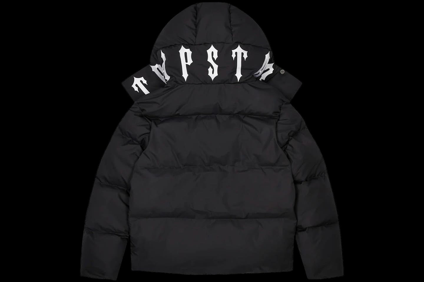 Hooded puffer jacket with padded design, water-resistant shell, and iconic Trapstar logo.