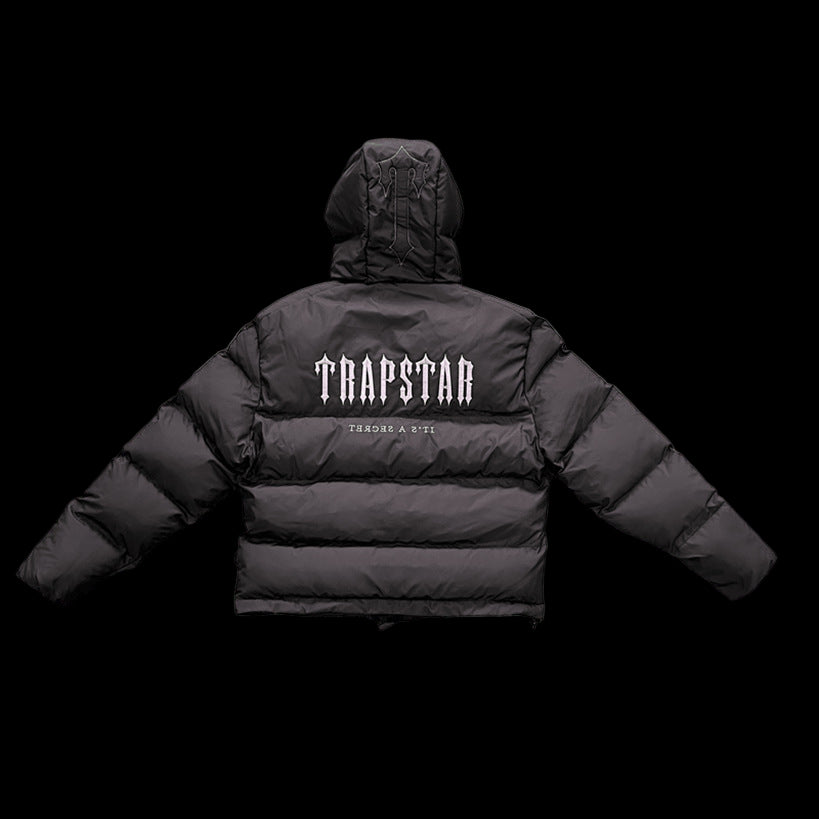 Black Trapstar Decoded Hooded Puffer 2.0 jacket with padded design and logo on front and back