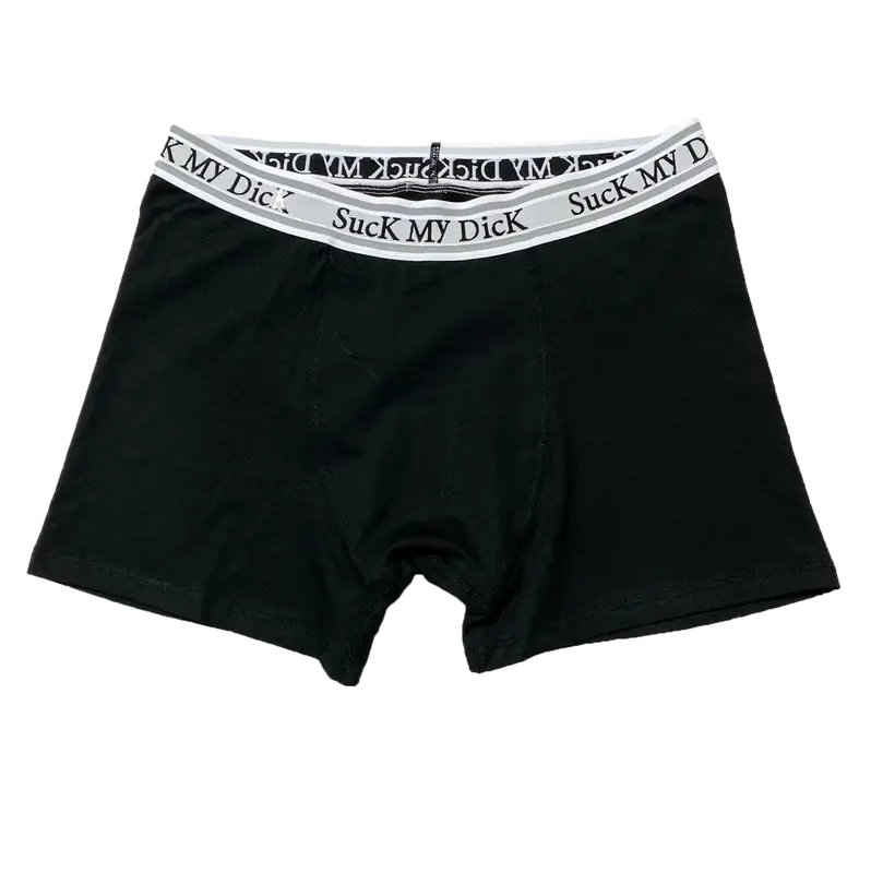 Black Thug Club boxer briefs with "Suck My Dick" text on the waistband.