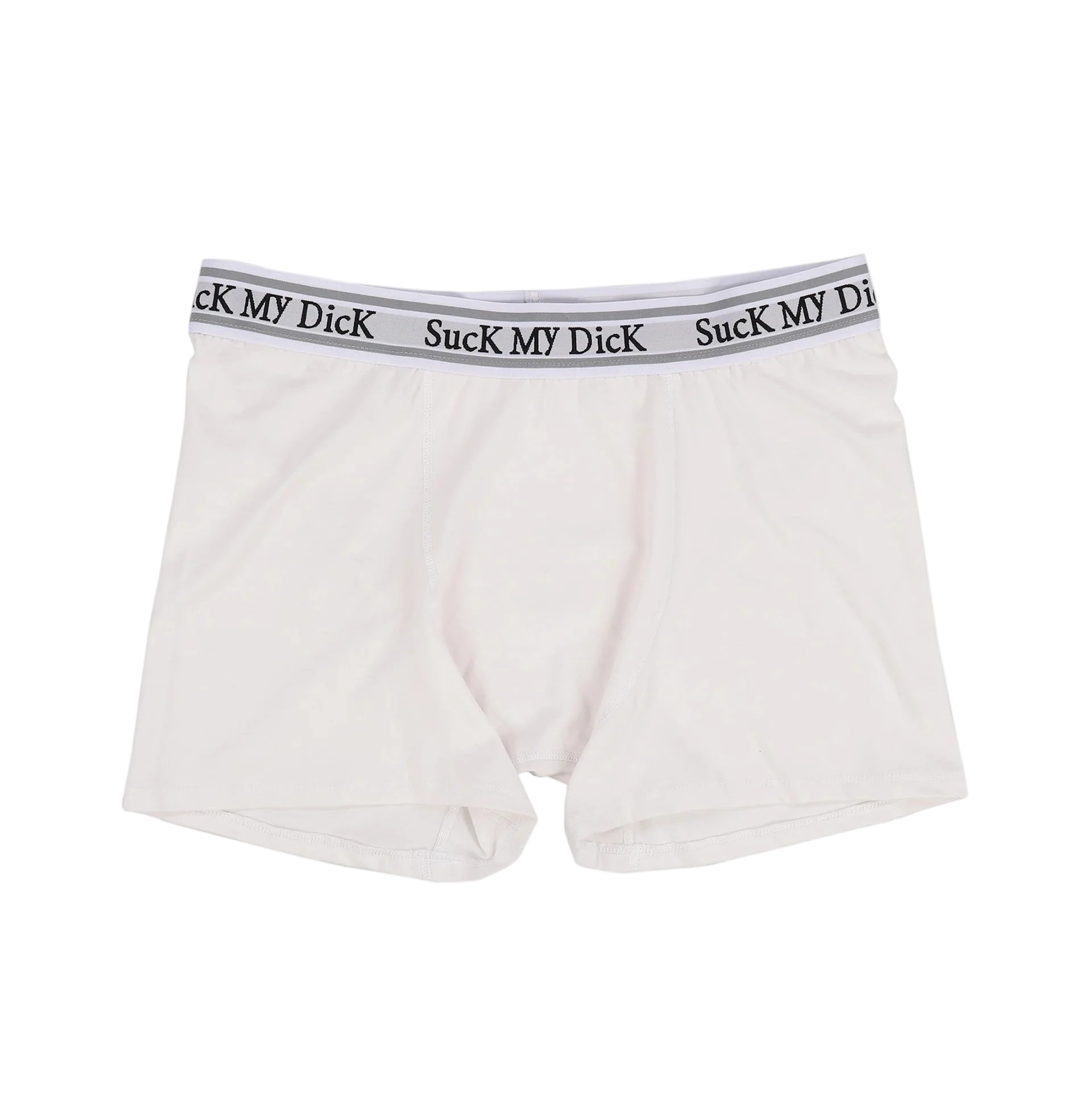 White Thug Club boxer briefs with "Suck My Dick" text on the waistband.