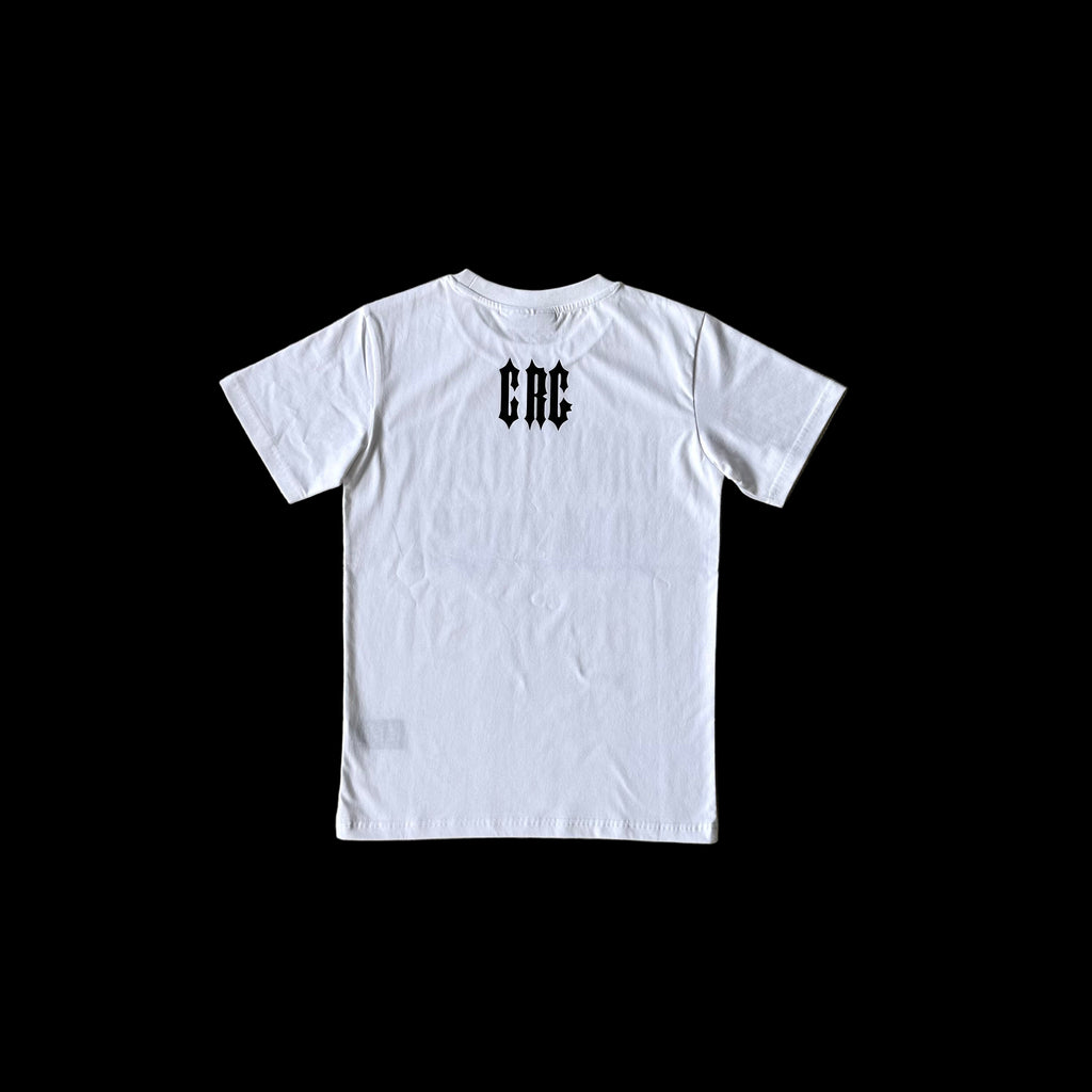 White t-shirt with black "CRC" logo on the back.