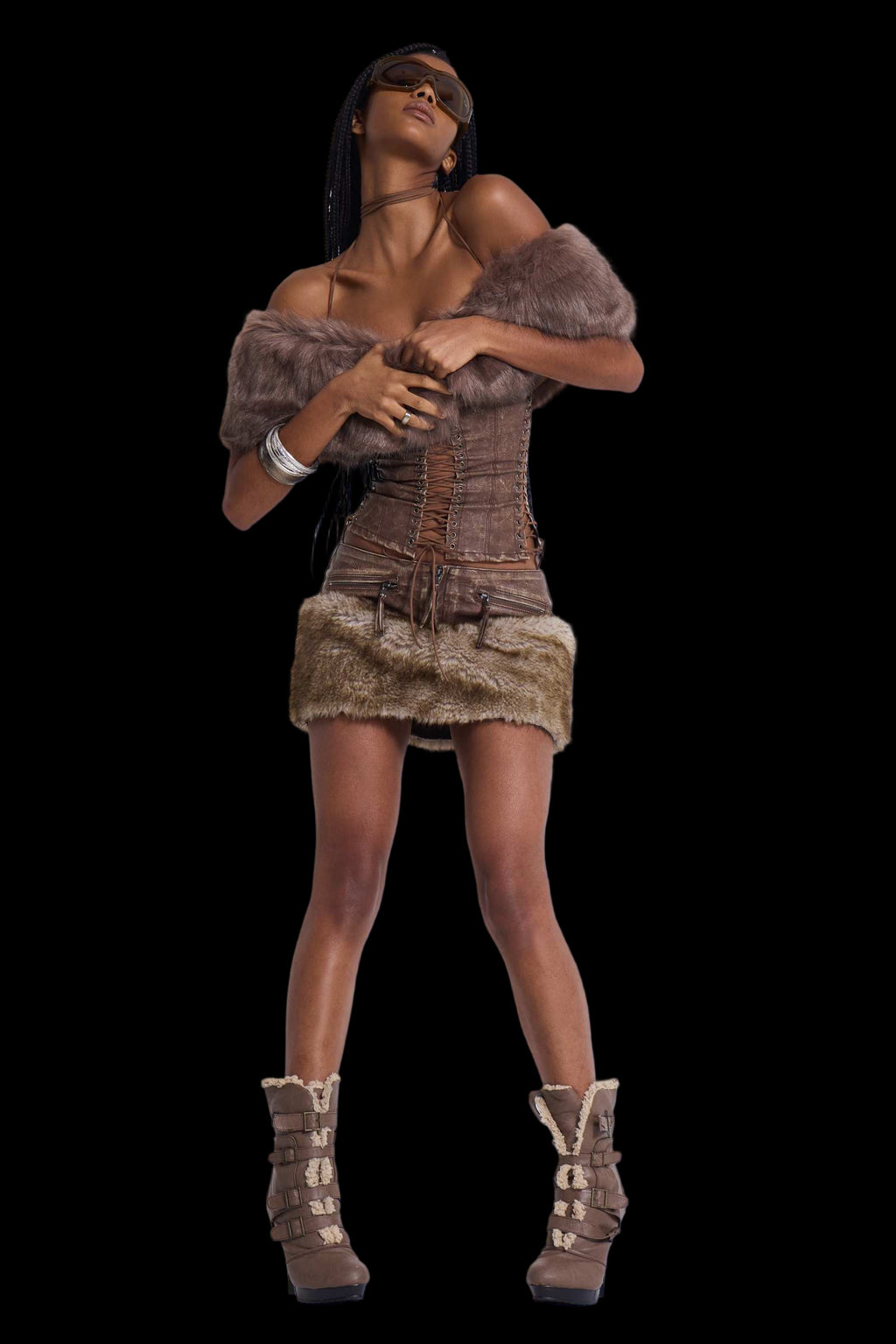 Brown faux leather corset with front busk and adjustable lace-up back detailing