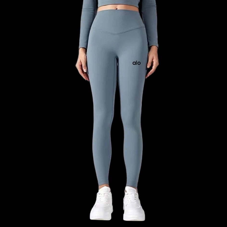 Black Alo Yoga pants with a slim fit and smooth, stretchy fabric for activewear use